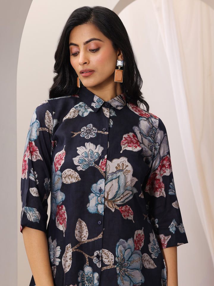Black Printed Silk Blend Straight Short Kurti