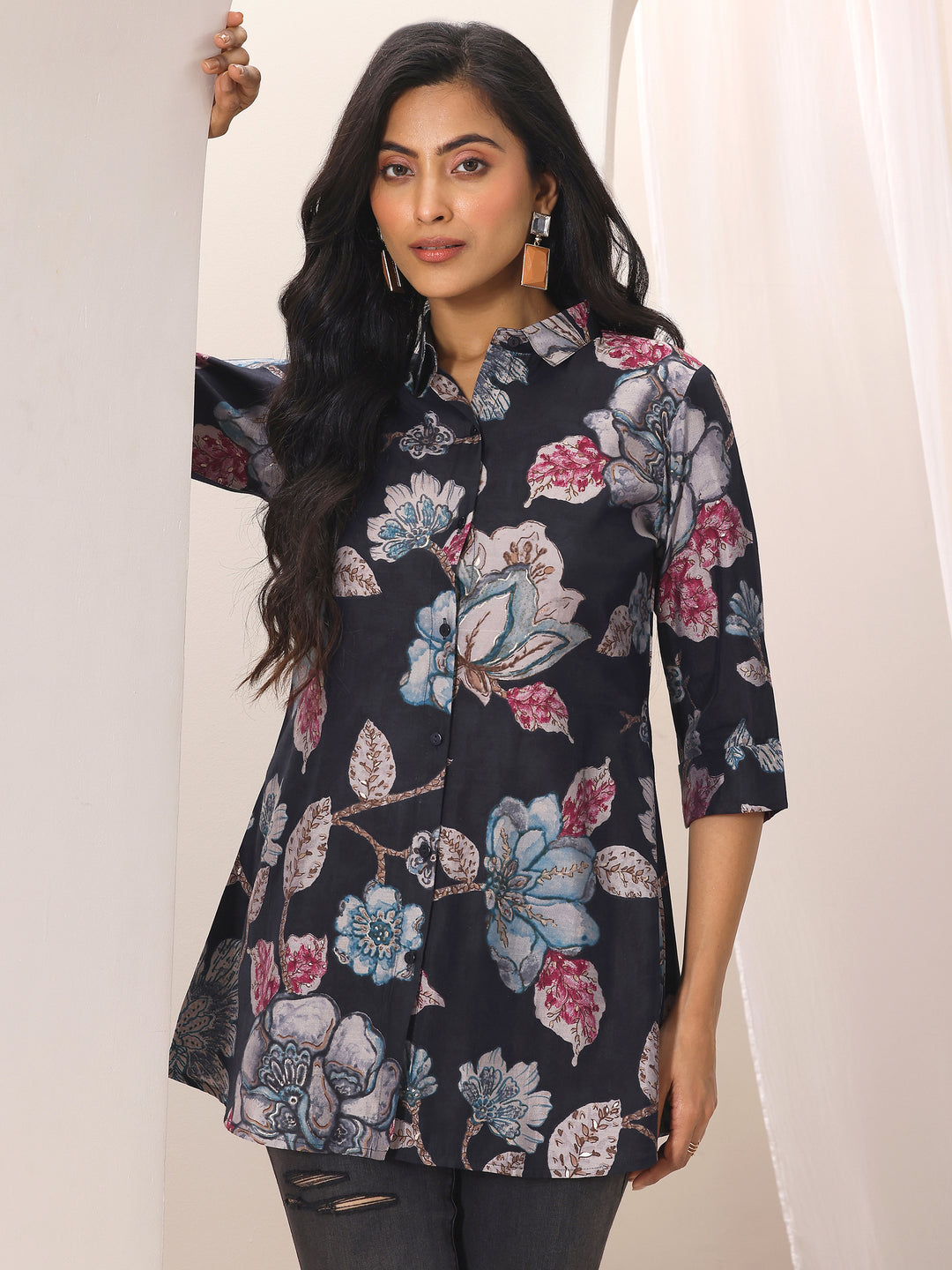 Black Printed Silk Blend Straight Short Kurti