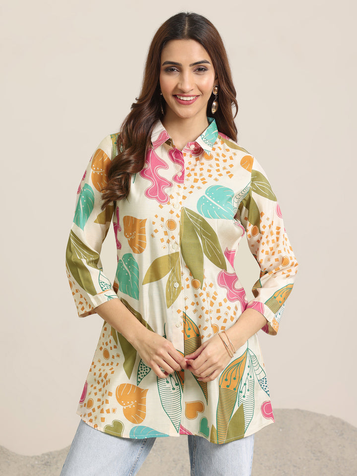 Beige Printed Silk Blend Straight Short Kurti