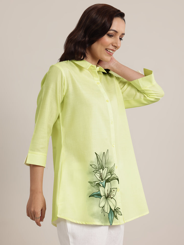 Lime Printed Cotton Blend Straight Short Kurti