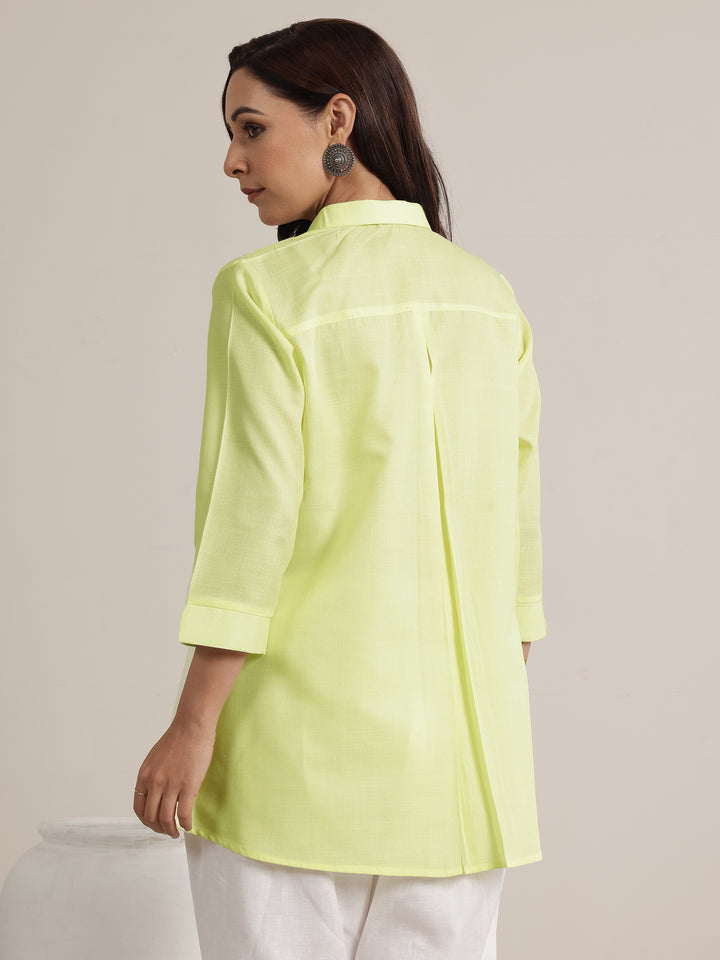 Lime Printed Cotton Blend Straight Short Kurti