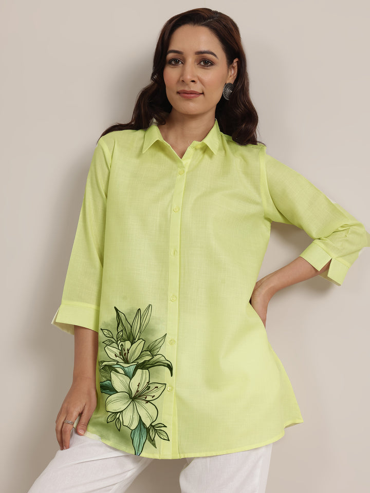 Lime Printed Cotton Blend Straight Short Kurti