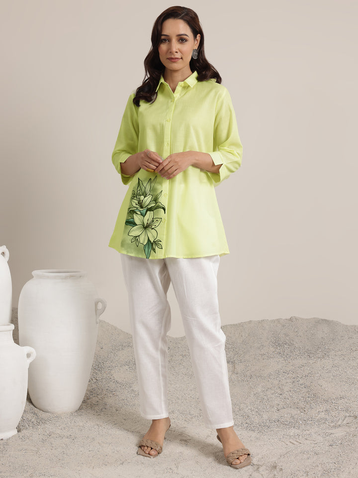 Lime Printed Cotton Blend Straight Short Kurti
