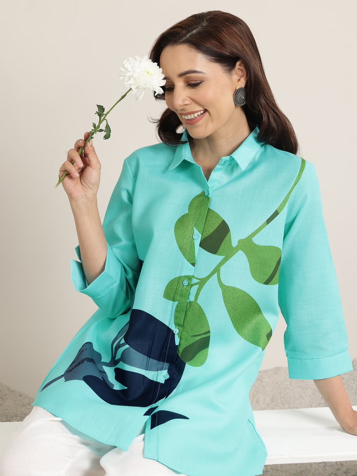 Blue Printed Cotton Blend Straight Short Kurti