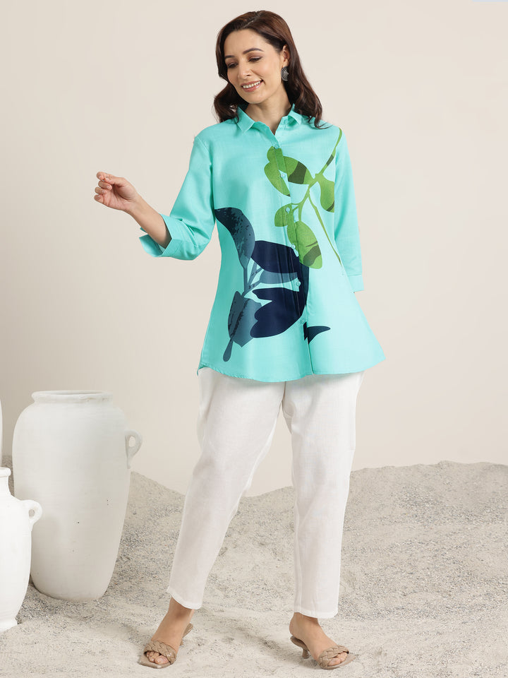 Blue Printed Cotton Blend Straight Short Kurti