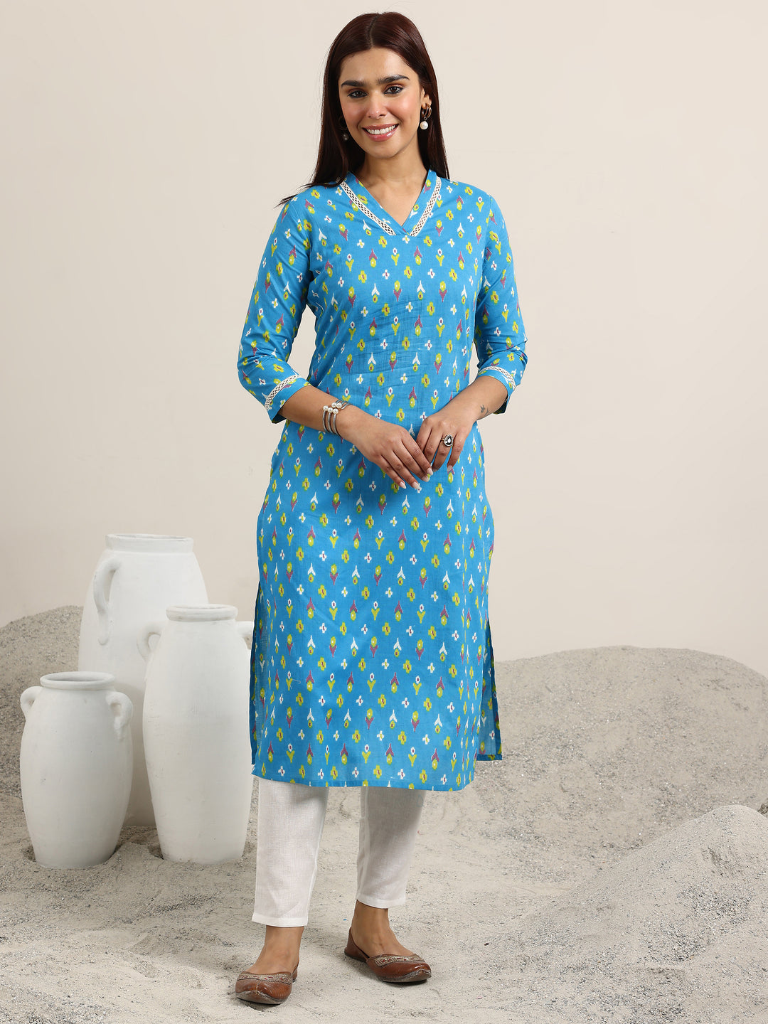 Blue Printed Cotton Straight Kurta