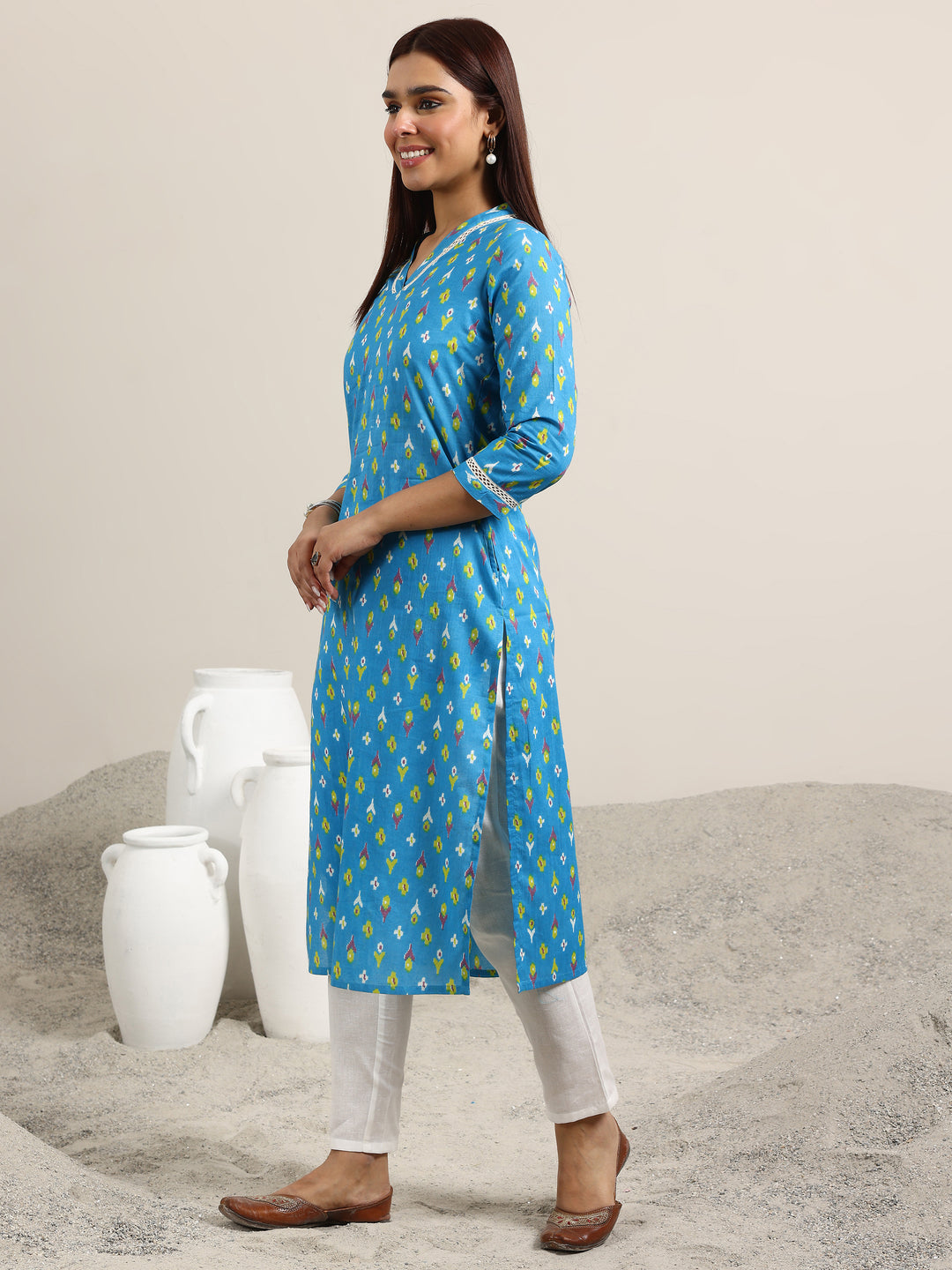 Blue Printed Cotton Straight Kurta