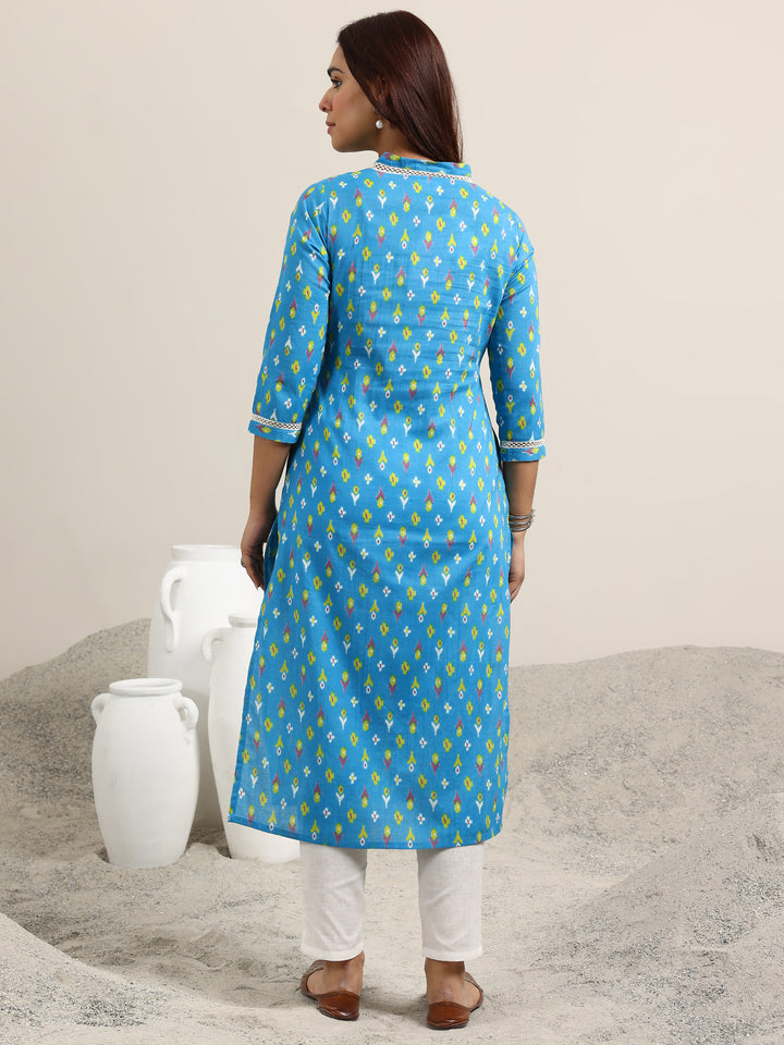 Blue Printed Cotton Straight Kurta