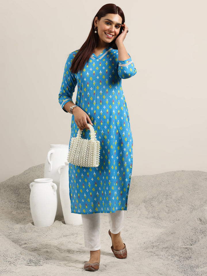 Blue Printed Cotton Straight Kurta