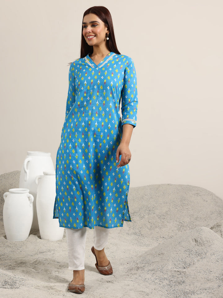 Blue Printed Cotton Straight Kurta