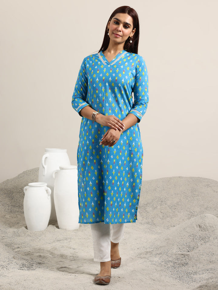 Blue Printed Cotton Straight Kurta