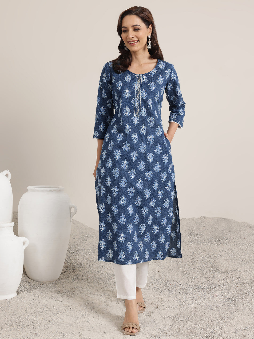 Blue Printed Cotton Straight Kurta