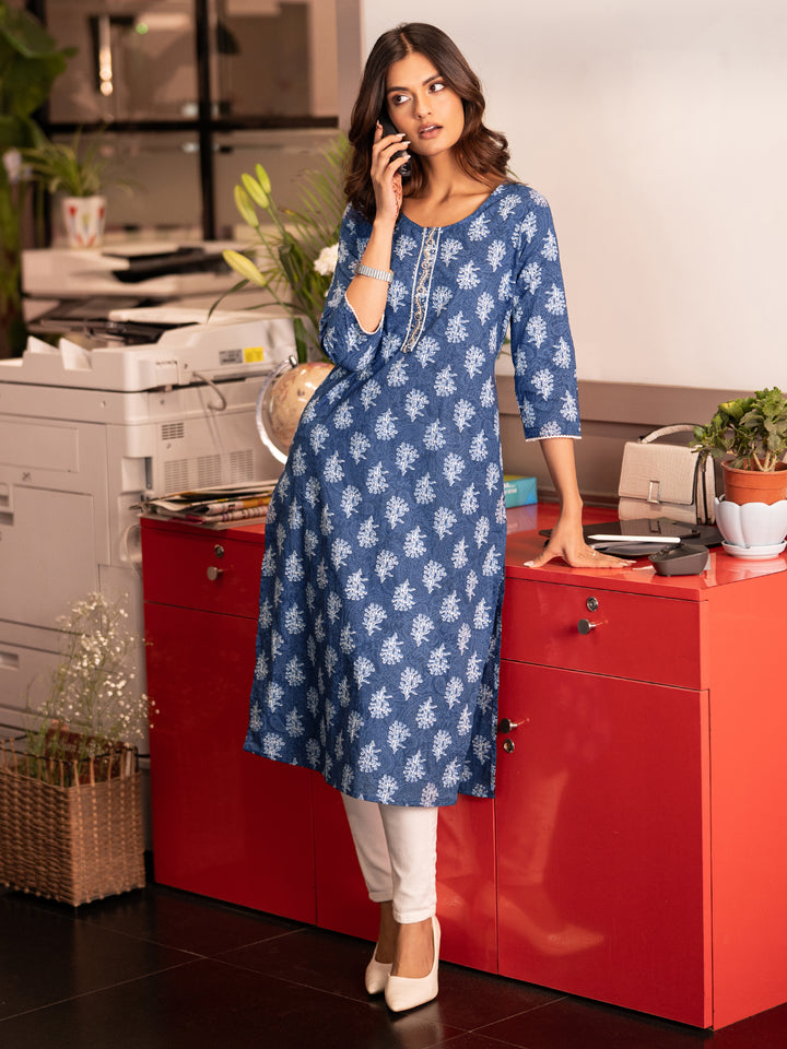 Blue Printed Cotton Straight Kurta