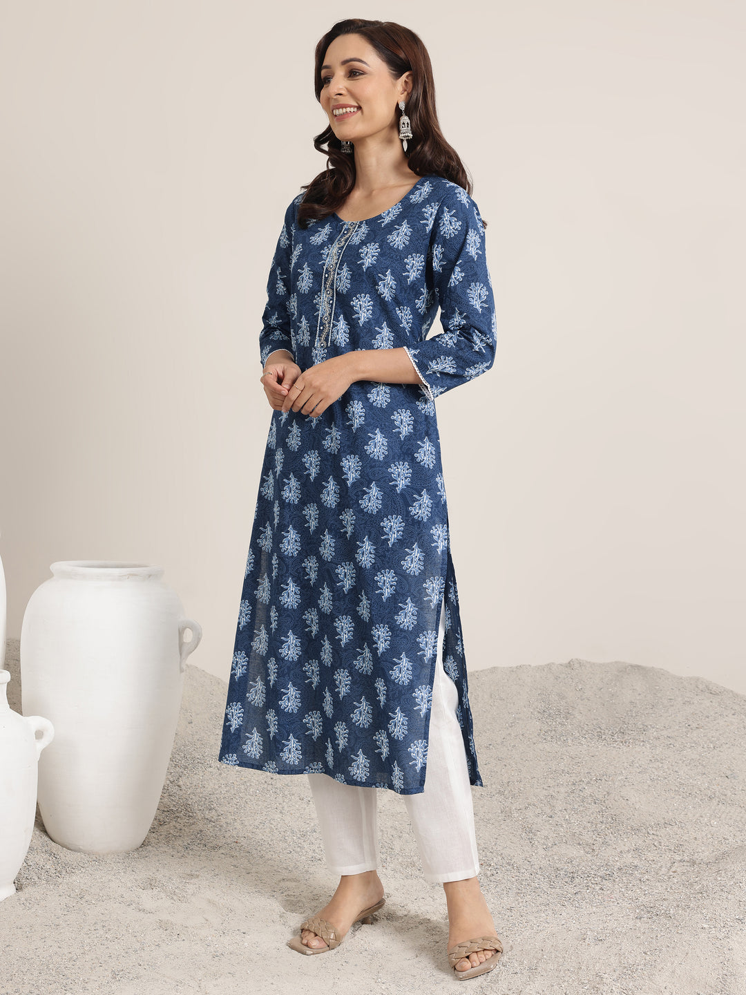 Blue Printed Cotton Straight Kurta