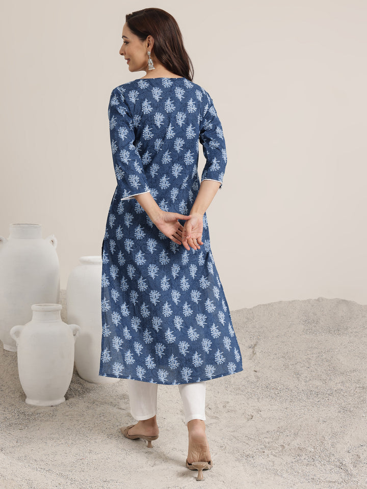 Blue Printed Cotton Straight Kurta