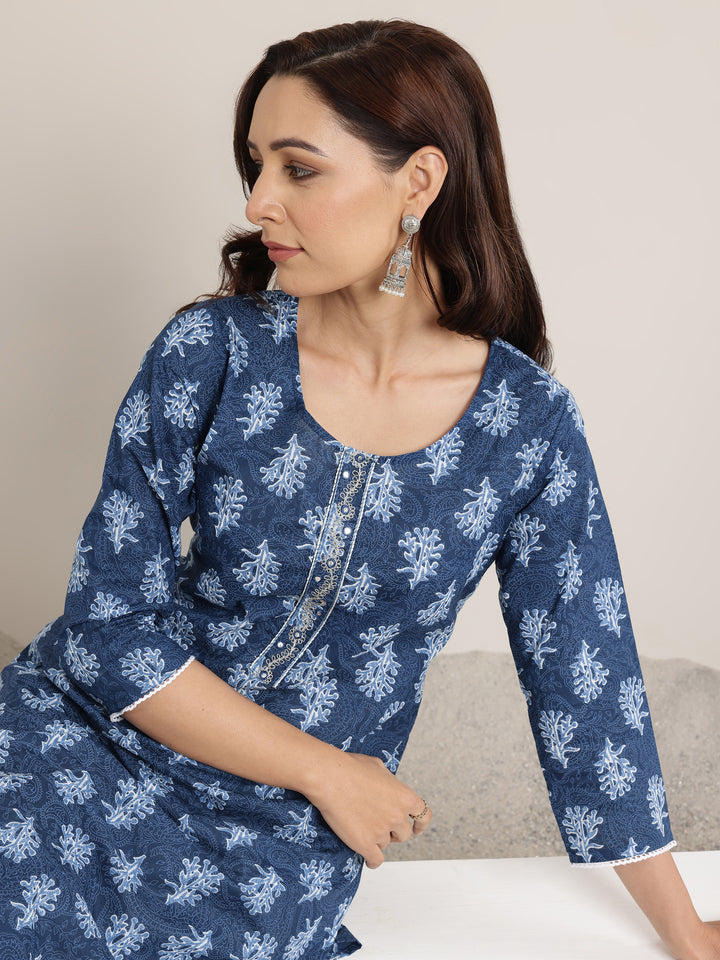 Blue Printed Cotton Straight Kurta