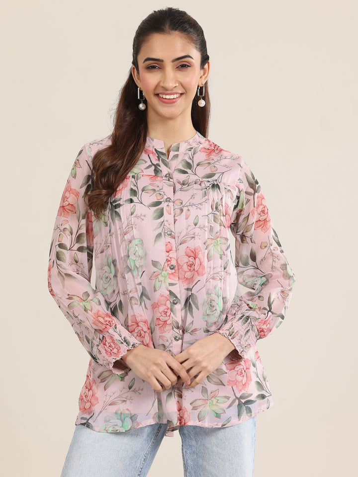 Pink Printed Chiffon Straight Short Kurti