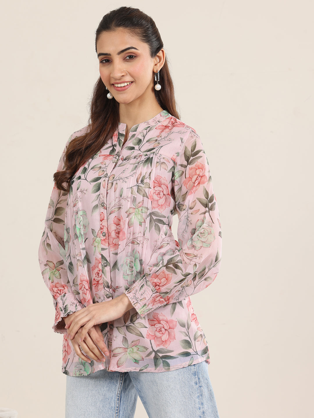 Pink Printed Chiffon Straight Short Kurti