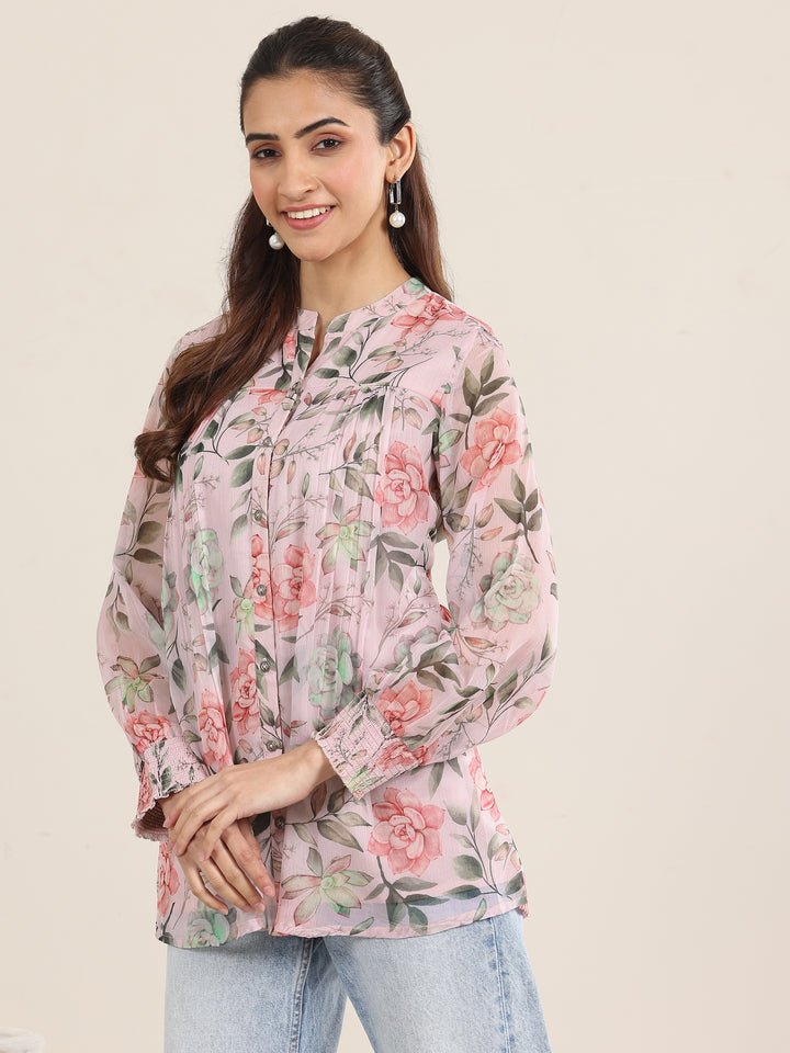 Pink Printed Chiffon Straight Short Kurti