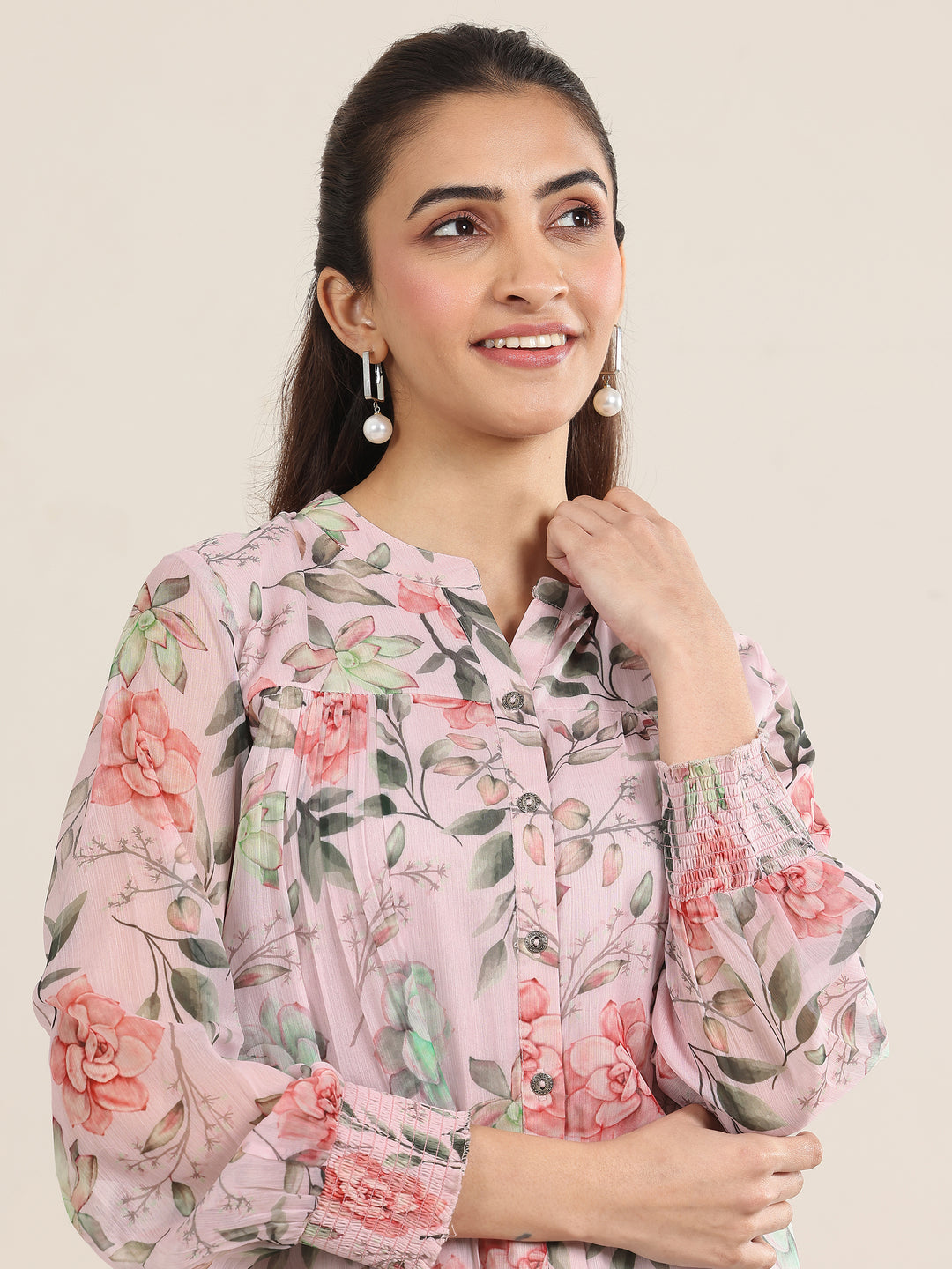 Pink Printed Chiffon Straight Short Kurti