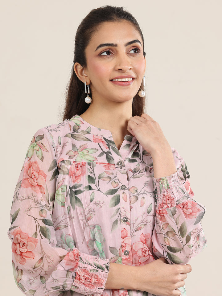Pink Printed Chiffon Straight Short Kurti