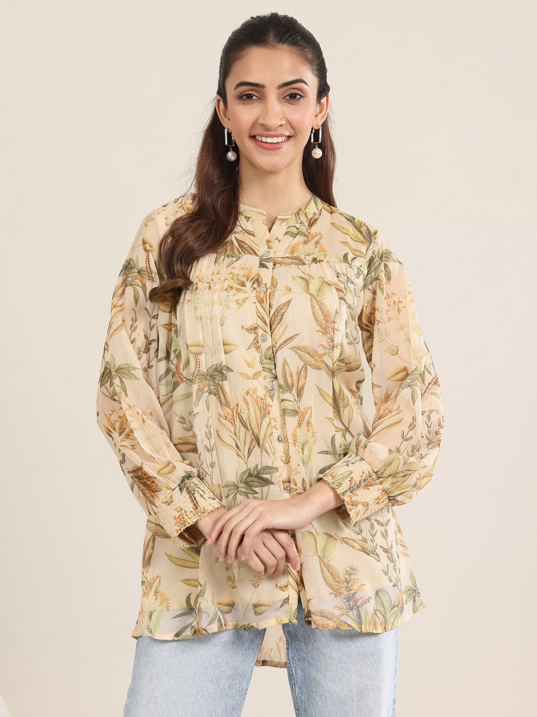 Beige Printed Chiffon Straight Short Kurti