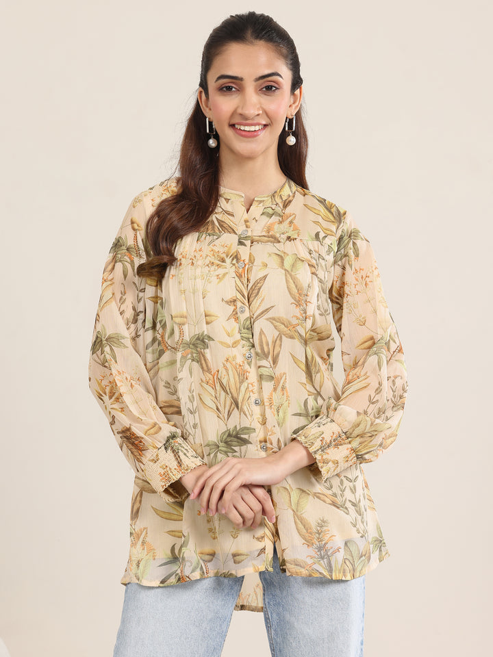 Beige Printed Chiffon Straight Short Kurti