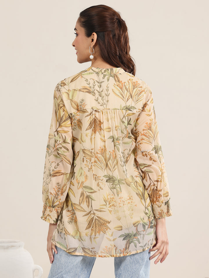 Beige Printed Chiffon Straight Short Kurti