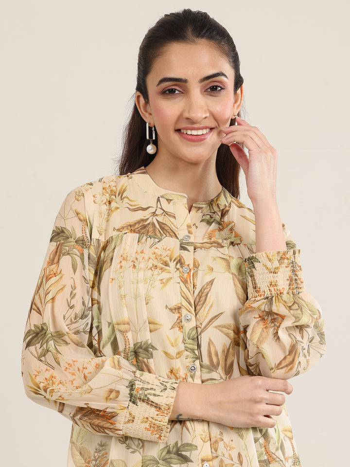 Beige Printed Chiffon Straight Short Kurti