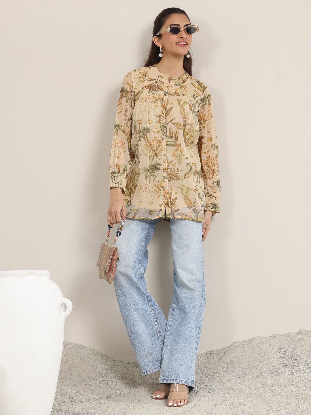 Beige Printed Chiffon Straight Short Kurti