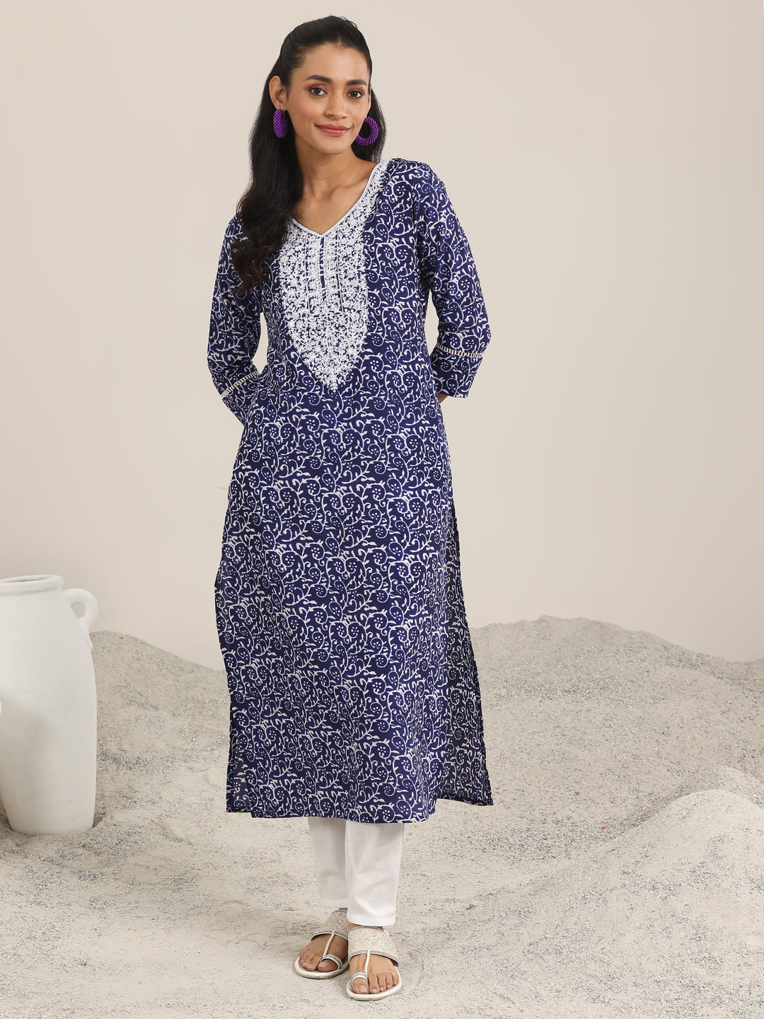 Indigo Printed Silk Blend Straight Kurta