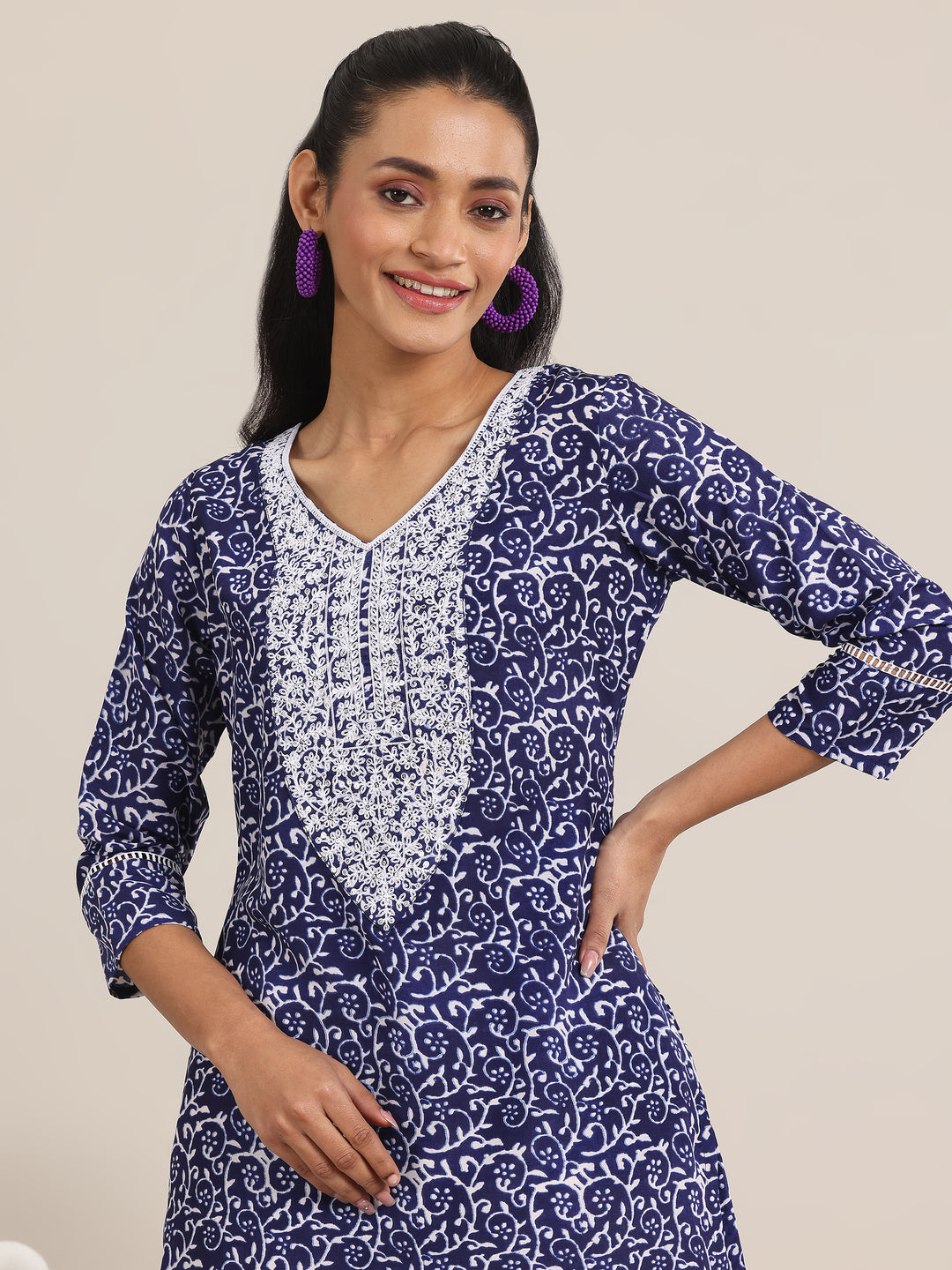 Indigo Printed Silk Blend Straight Kurta