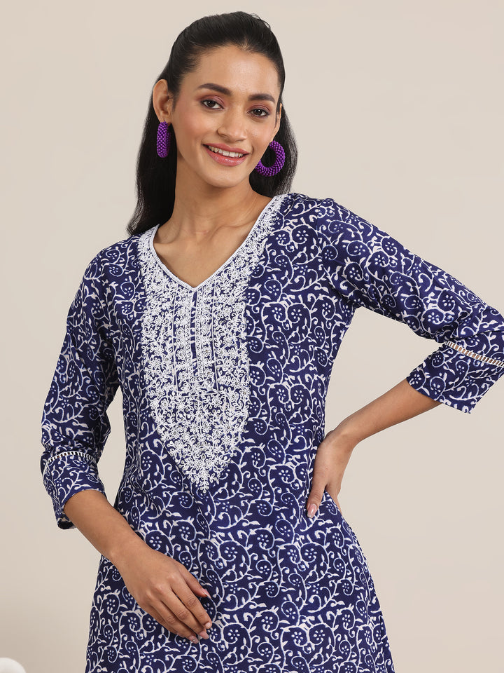 Indigo Printed Silk Blend Straight Kurta