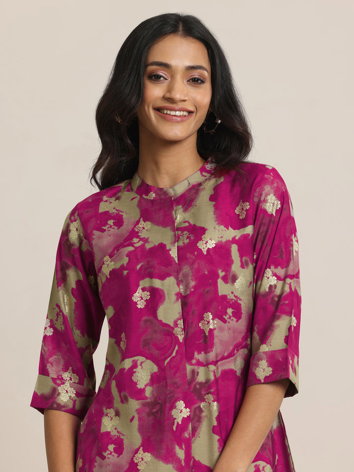 Pink Printed Silk Blend Straight Short Kurti