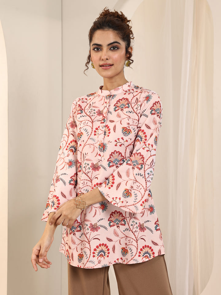 Beige Printed Silk Blend Straight Short Kurti