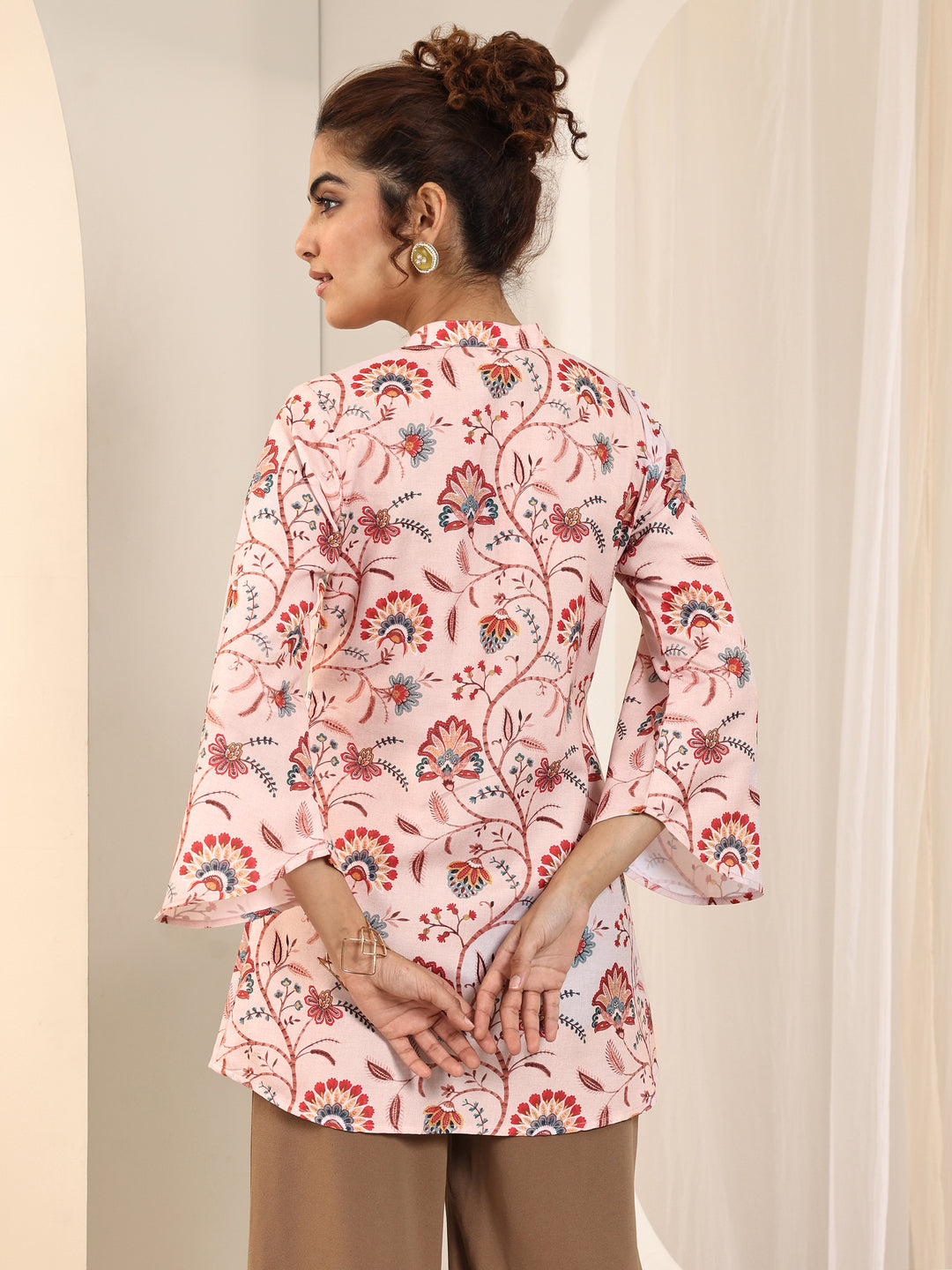Beige Printed Silk Blend Straight Short Kurti