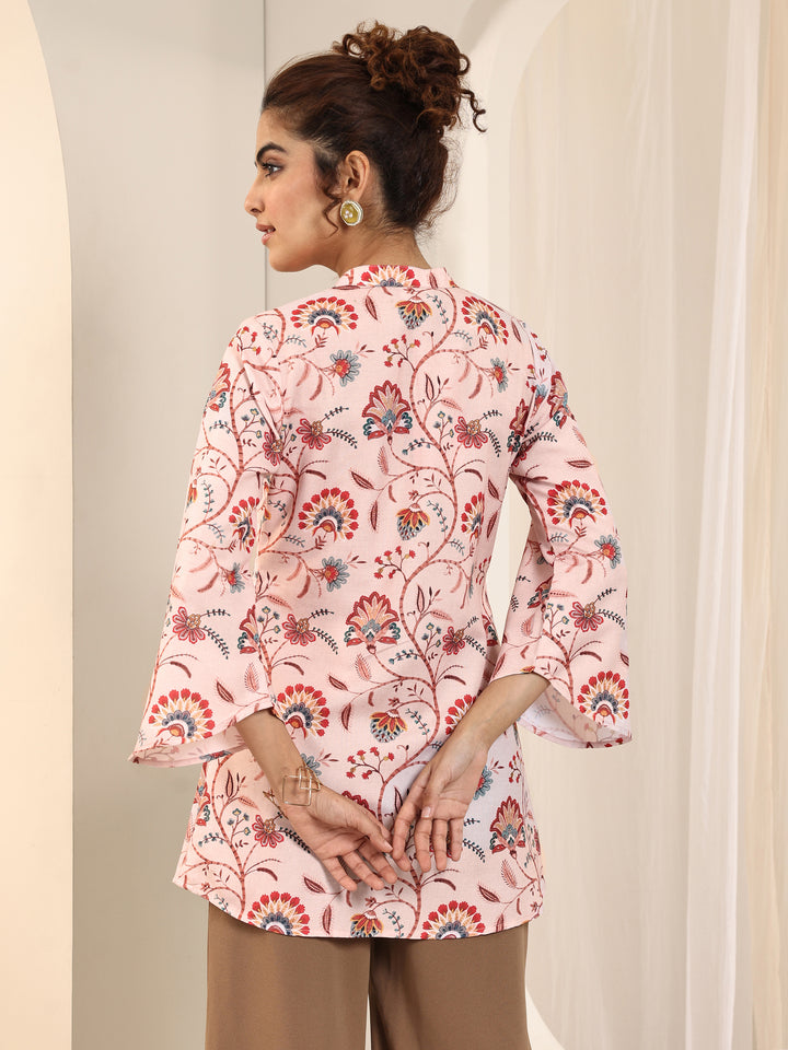 Beige Printed Silk Blend Straight Short Kurti