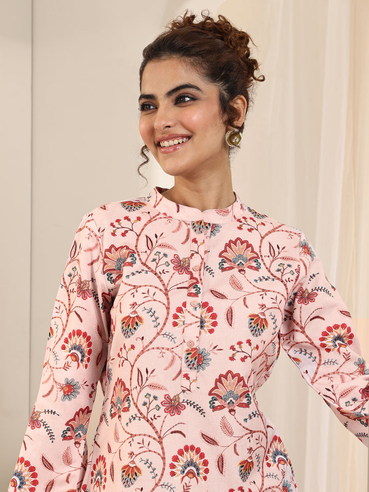 Beige Printed Silk Blend Straight Short Kurti