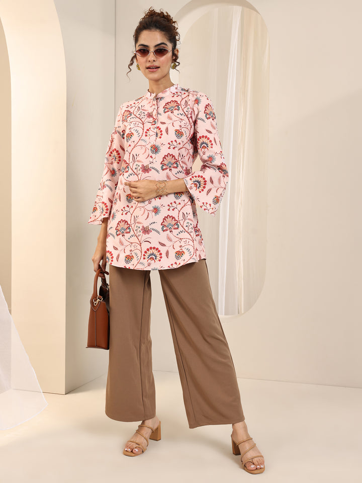 Beige Printed Silk Blend Straight Short Kurti