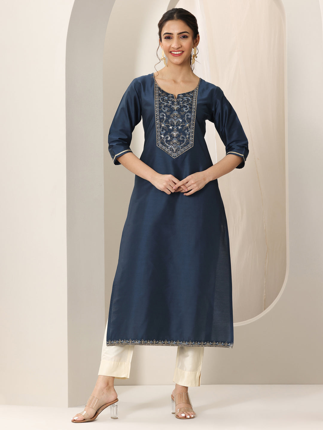 Navy Blue Yoke Design Silk Straight Kurta