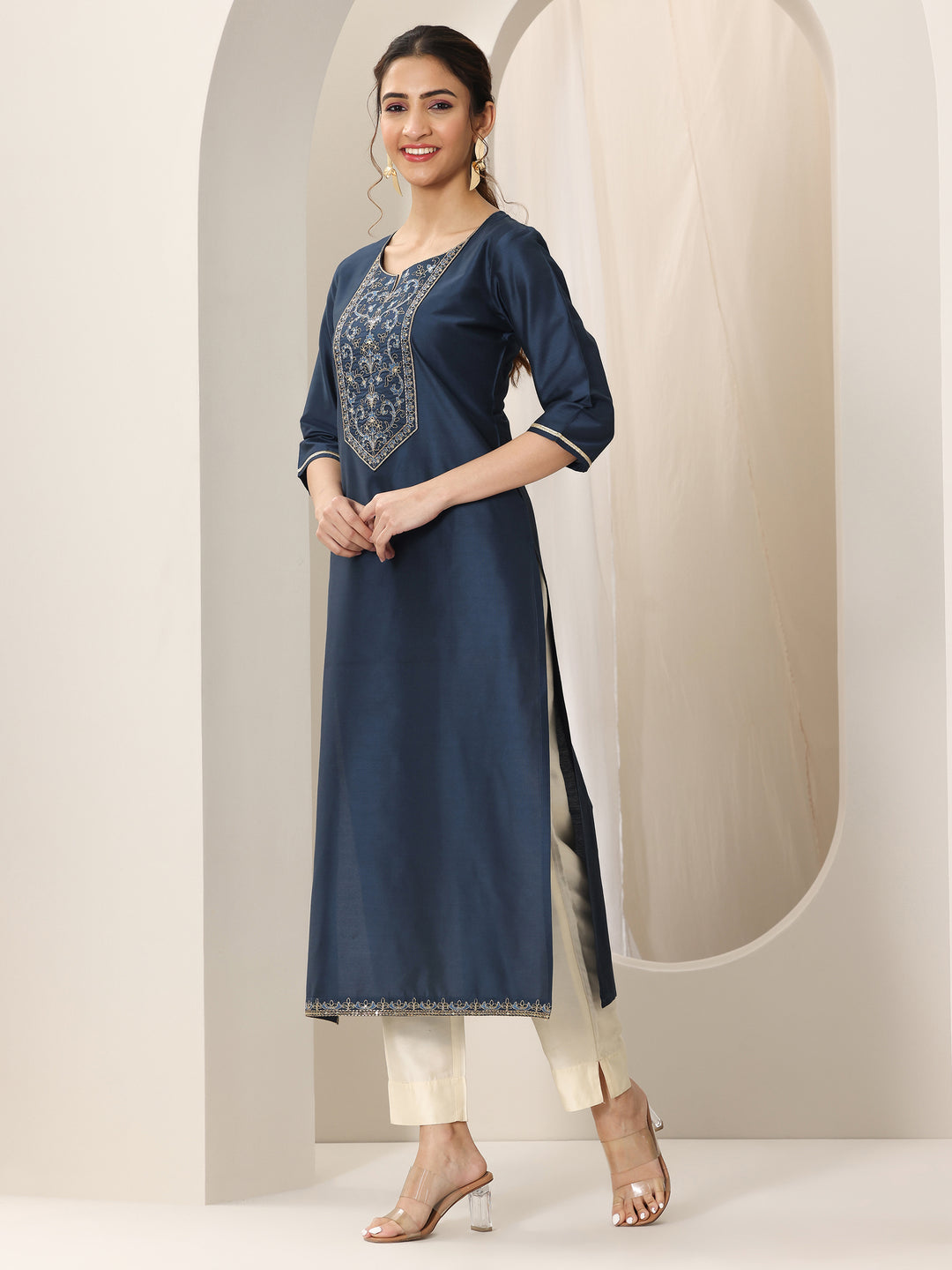Navy Blue Yoke Design Silk Straight Kurta