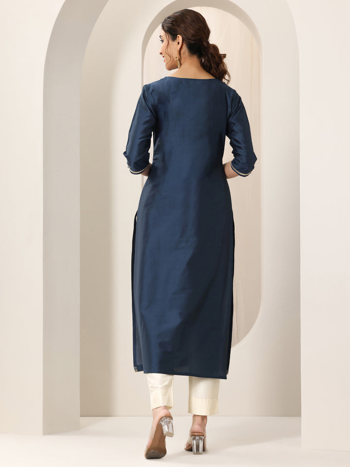 Navy Blue Yoke Design Silk Straight Kurta