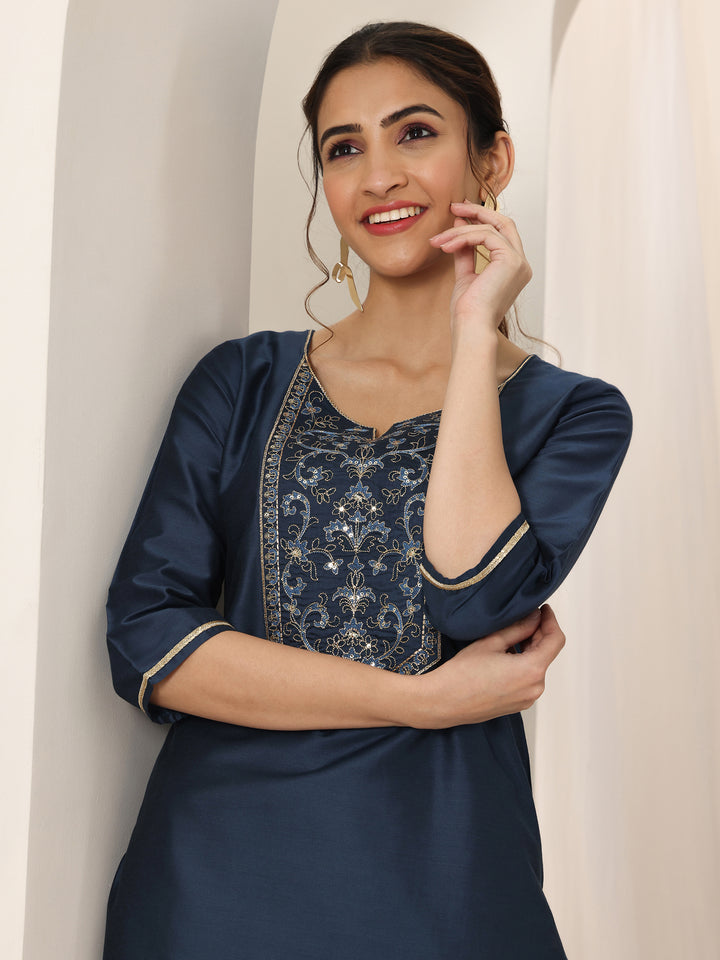 Navy Blue Yoke Design Silk Straight Kurta