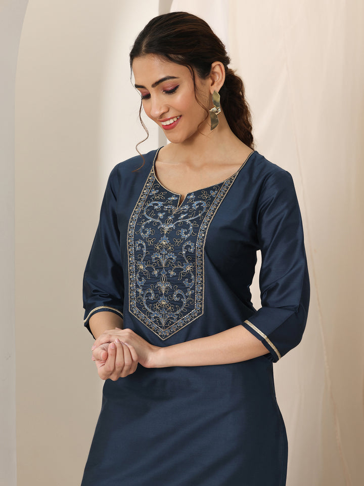 Navy Blue Yoke Design Silk Straight Kurta