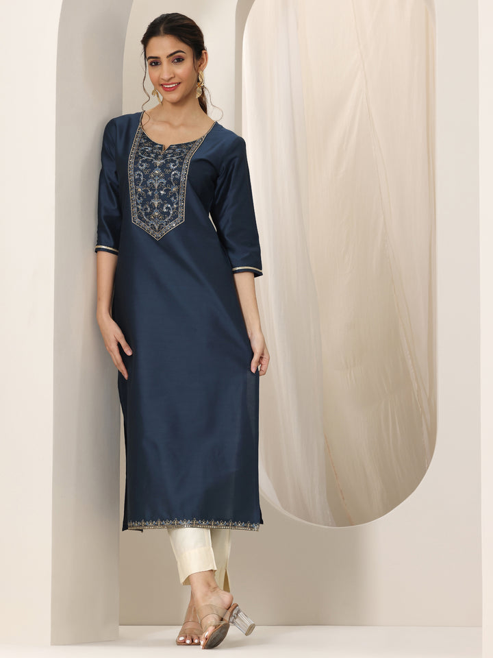 Navy Blue Yoke Design Silk Straight Kurta