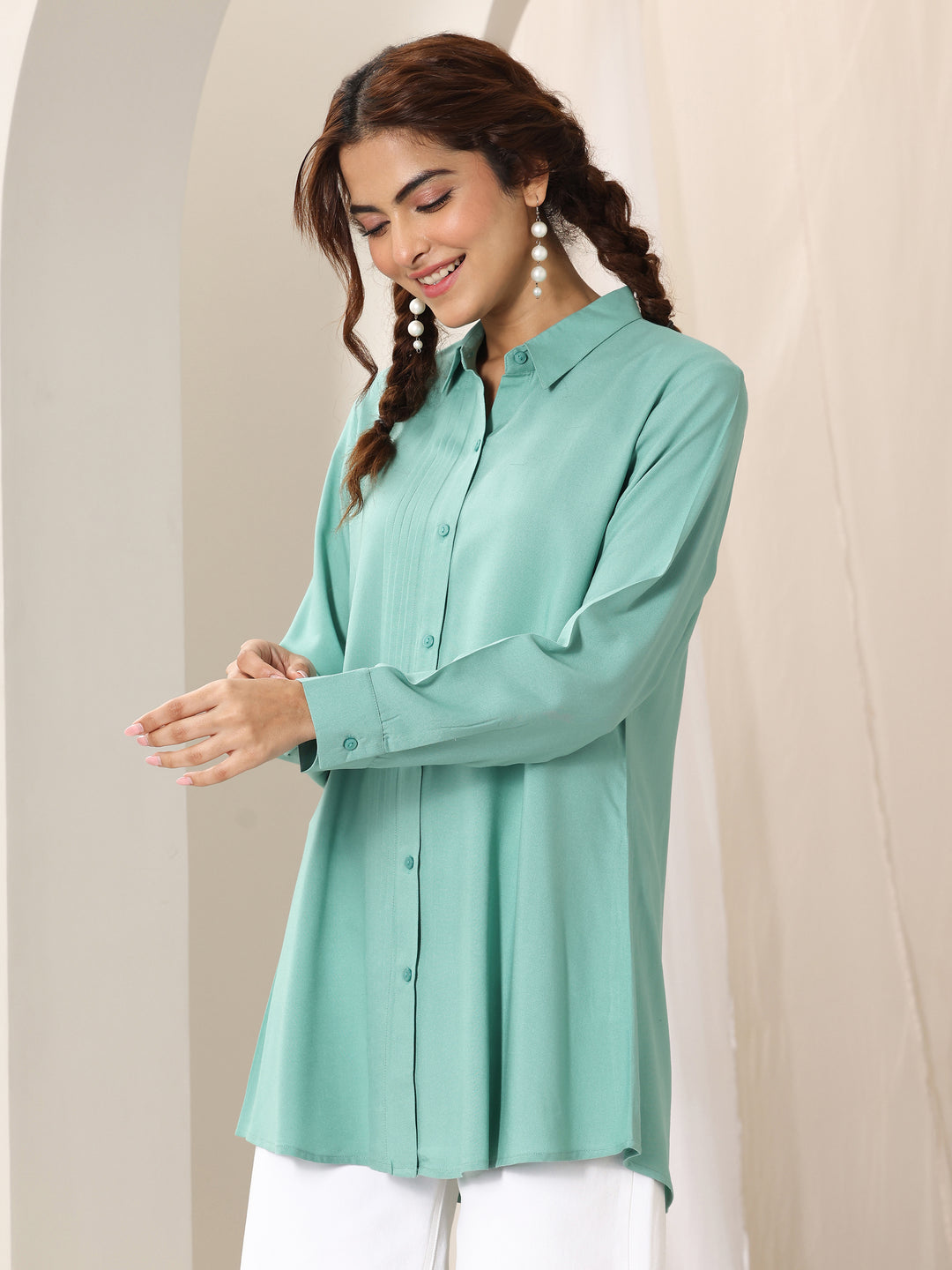 Green Solid Rayon Straight Short Kurti