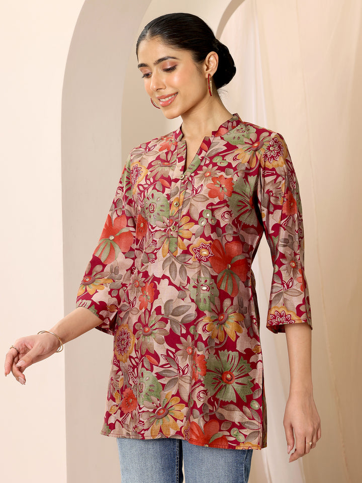 Multi Printed Silk Blend Straight Short Kurti