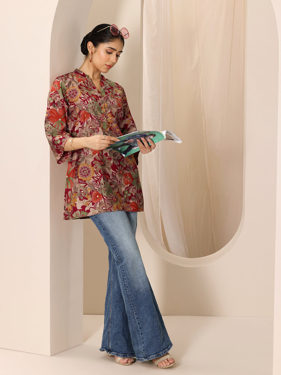 Multi Printed Silk Blend Straight Short Kurti