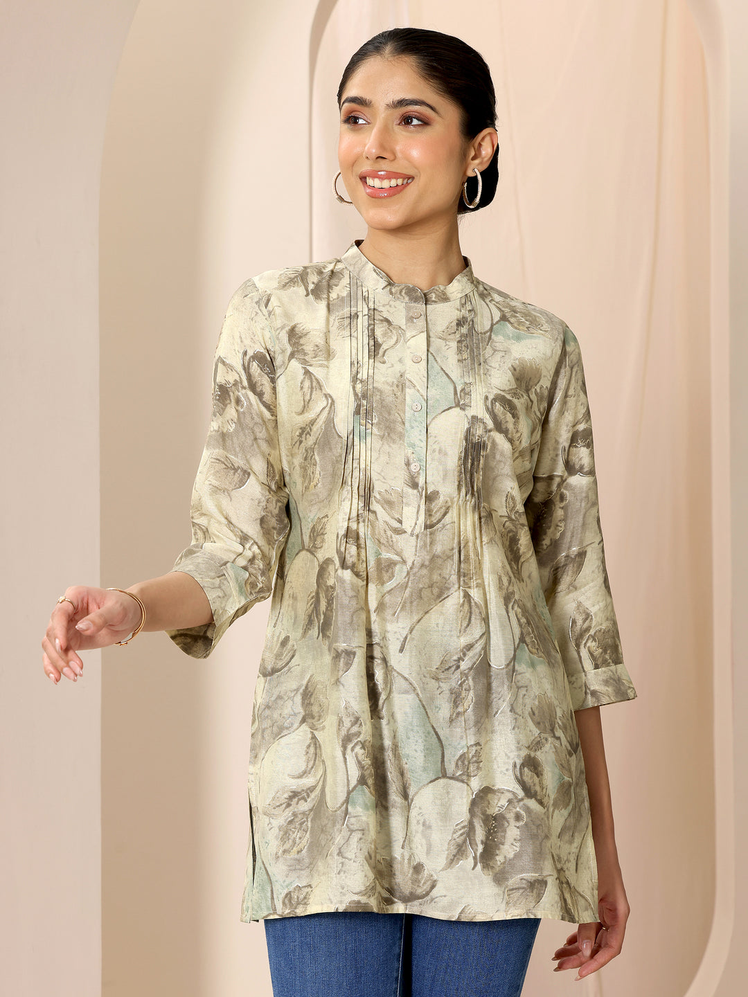Beige Printed Silk Blend Straight Short Kurti