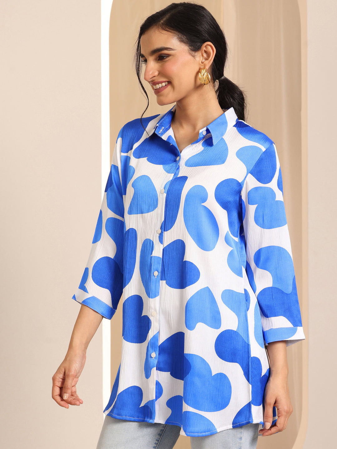 White Printed Silk Blend Straight Tunic